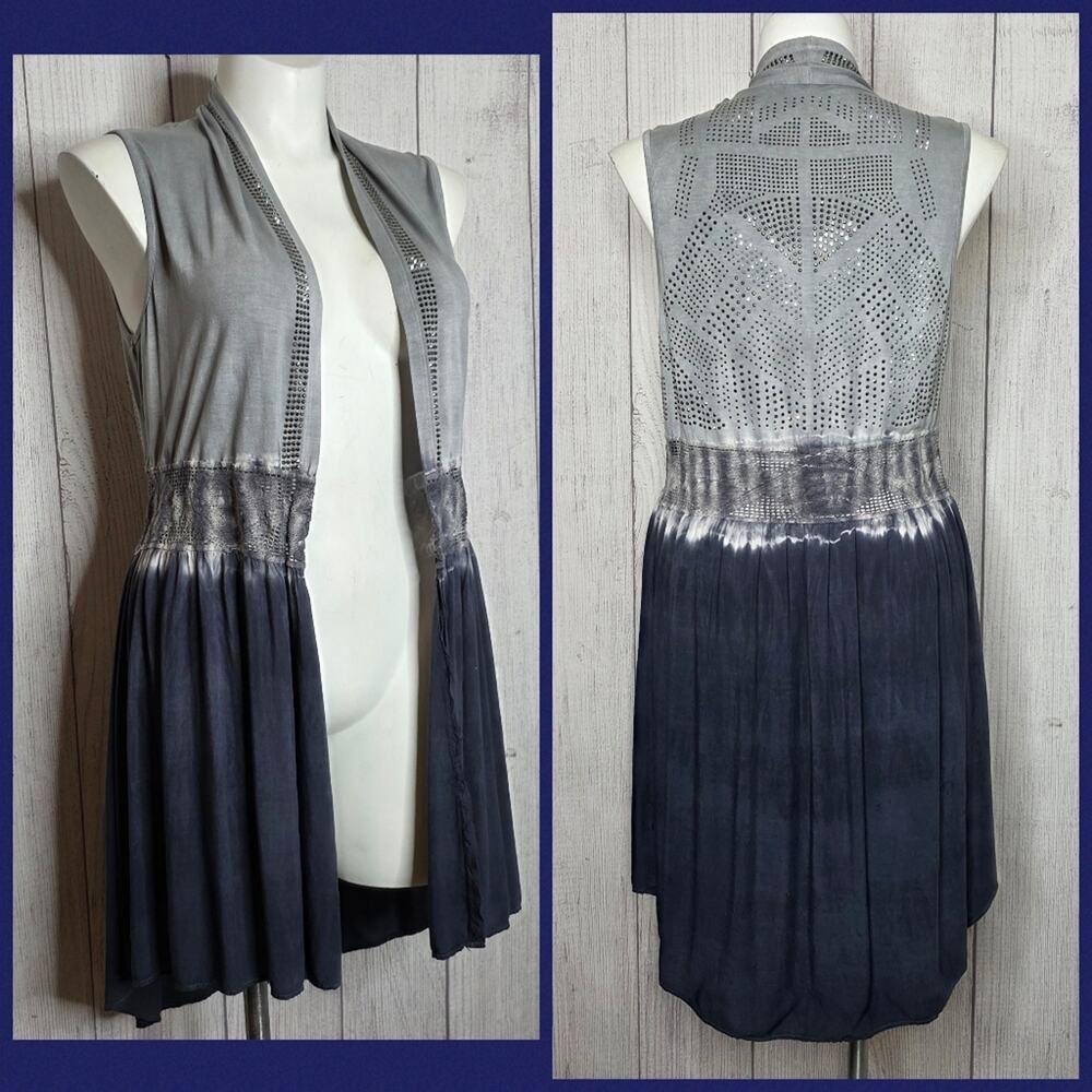 Vocal USA Blue Ombre Tie Dye Studded Duster Cardigan Vest, sz Large